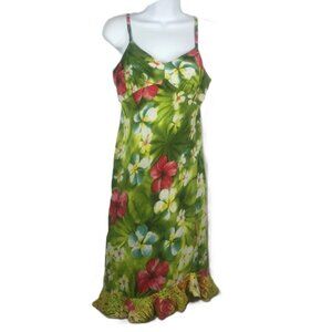Jams World Hawaiian Sun Dress Size S Puanani Green Floral Asymmetric Ruffle Hem